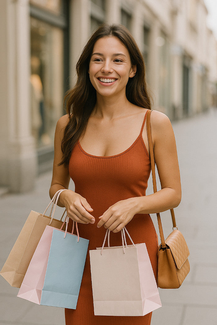 Lächelnde Frau beim Einkaufen nach einer Brustvergrößerung