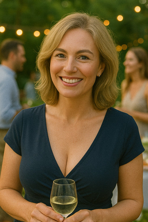 Reife Frau bei Party mit schönem Dekollete