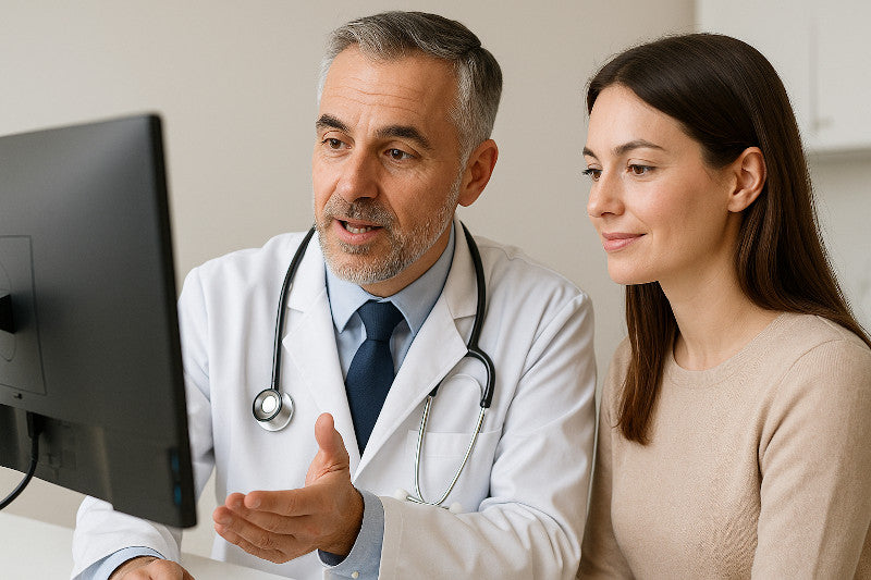 Arzt und Patientin bei Beratungsgespräch für Brustvergröerung