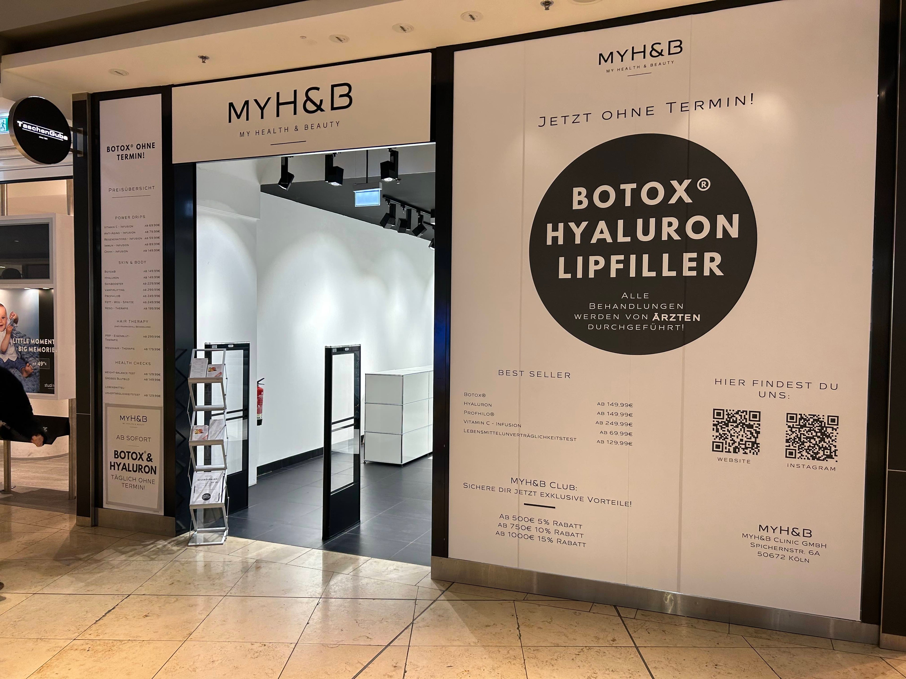 MYH&B Storefront in Berlin mit Werbung für Botox, Hyaluron und Lipfiller