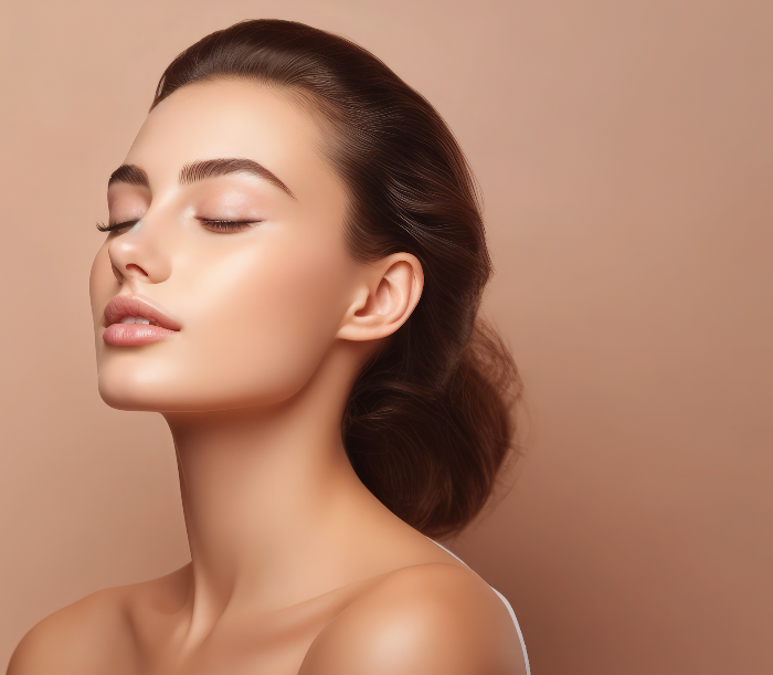 Frau mit geschlossenen Augen und glatter Haut – Ausdruck für Ruhe und Schönheit nach Behandlung.