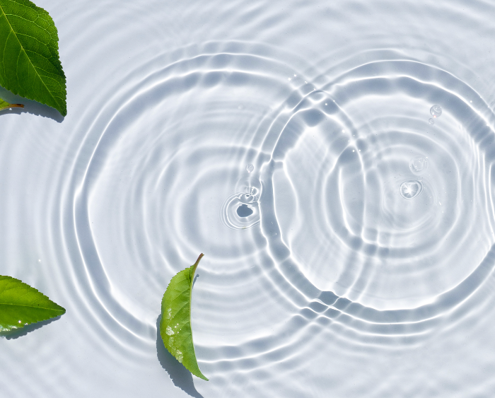 Zarte Wasserwellen mit schwebenden grünen Blättern – Symbol für Frische und Natürlichkeit