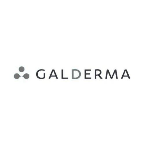 Galderma Logo mit stilisiertem Molekül-Symbol und modernem Schriftzug auf weißem Hintergrund